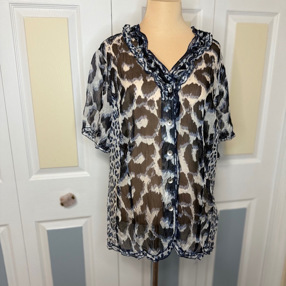 Gerry Weber NWT 100% Silk Animal Print Sheer Ruffle Blouse Blue Brown Size 18